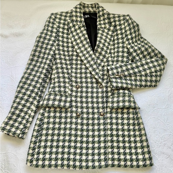 Zara Double Breasted Houndstooth Tweed Blazer Jacket Ivory Navy Green Small - Picture 8 of 14